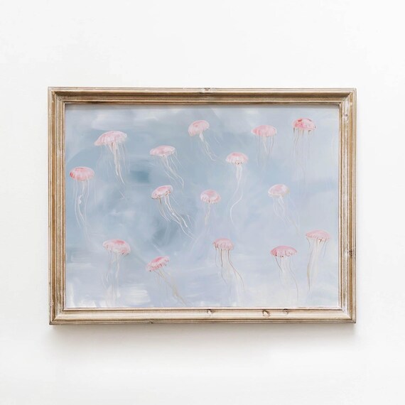 Muted Pink Jellyfish Dreamy Blue Ocean Underwater Soft Wall Art