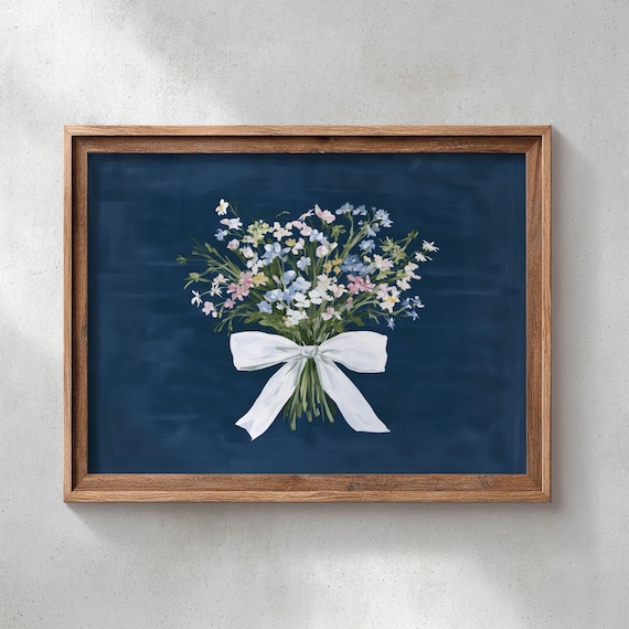Printed Wildflower Bouquet Wall Art Soft Pink Blue Yellow Blooms Navy Background Romantic Cottage Decor Classic Farmhouse Poster 0682