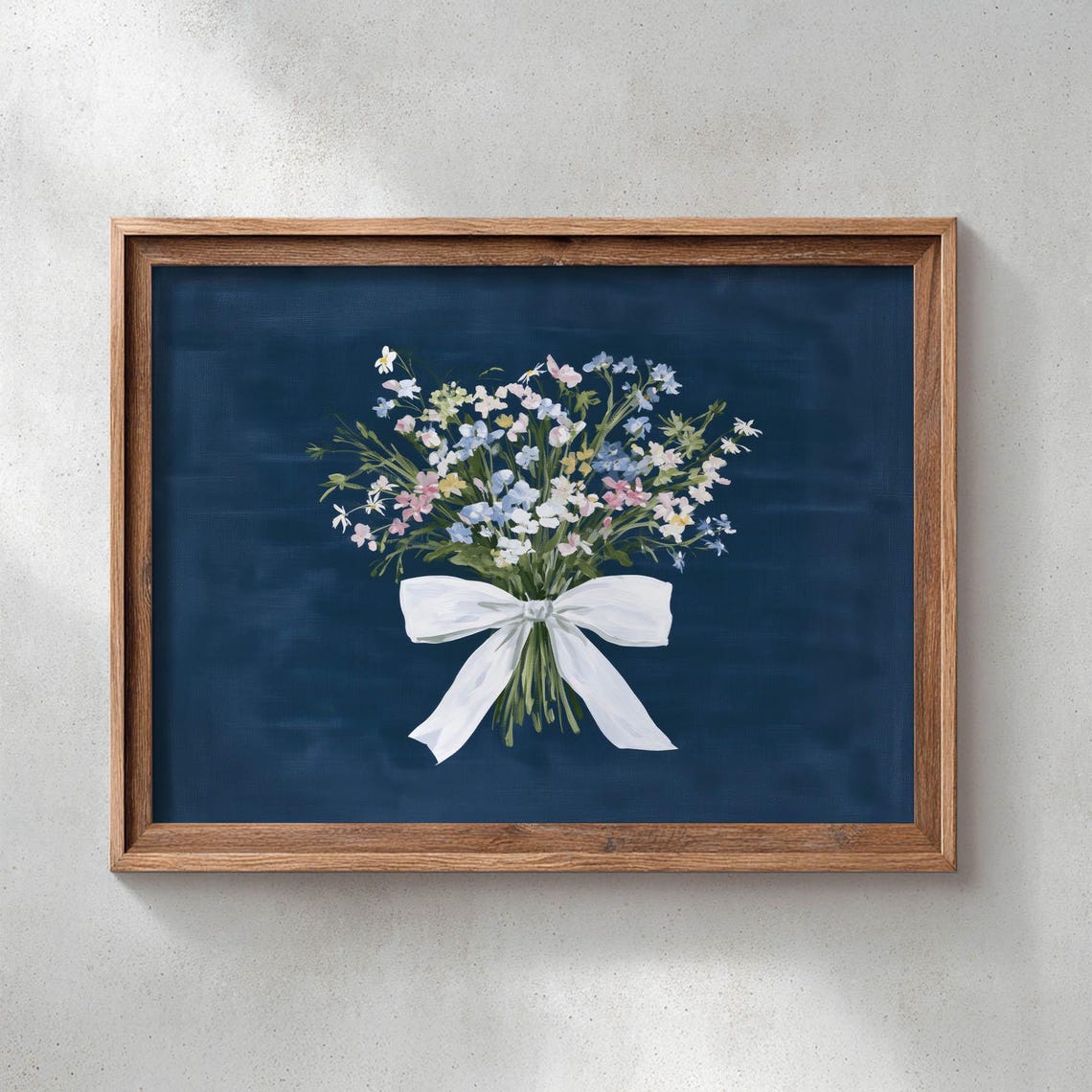 Wildflower Bouquet with White Bow Navy Background Floral Art Poster