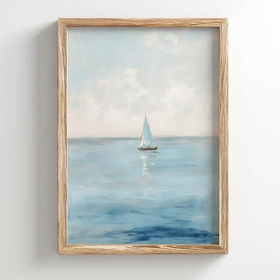Printed Sailboat Drifting On Open Sea Art Print
