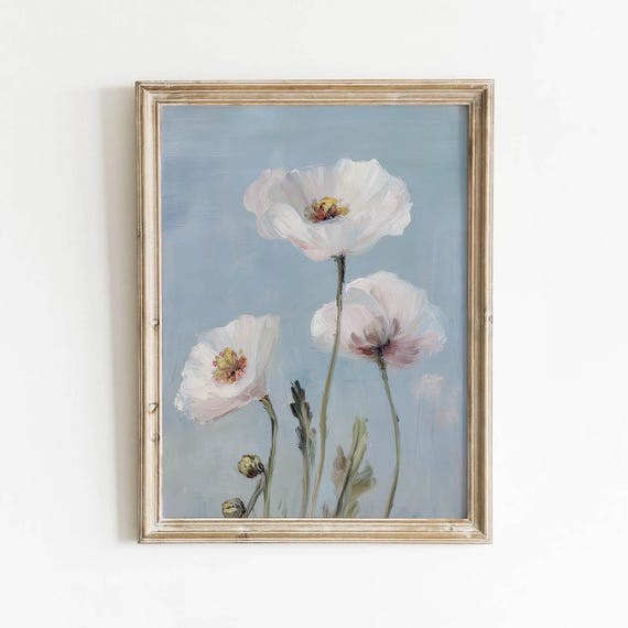 Dusty Blue Soft Pink Poppy Flowers Printable Cottage Floral Wall Art Muted Neutral Bloom Decor Romantic Bedroom Painting Download 507