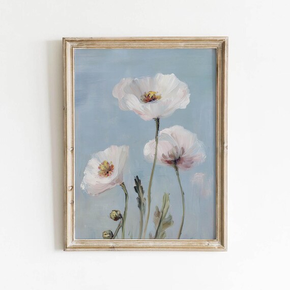 White Poppy Flowers Dusty Blue Soft Pink Cottage Floral Art Print
