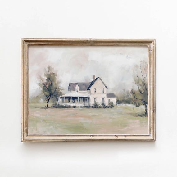 Vintage White Farmhouse Porch Sage Green Landscape Printable Wall Art Neutral Americana Decor Digital Download 604