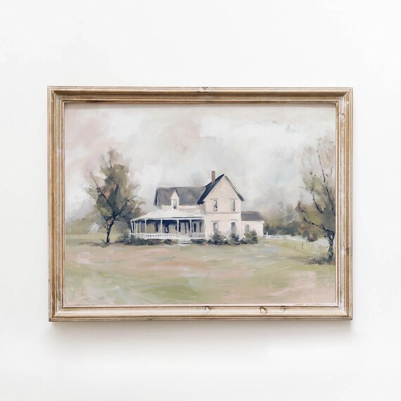 White Farmhouse Porch Sage Green Country Landscape Painting Poster