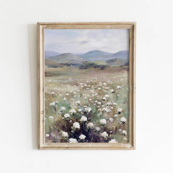 Muted Sage Green White Wildflower Meadow Printable Rustic Landscape Wall Art Vintage Cottage Decor Dusty Lavender Painting Download 607
