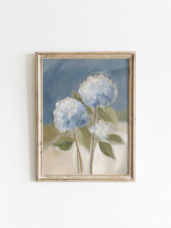 Blue Hydrangeas Printable Wall Art Neutral Floral Decor Bedroom Large Flower Painting Muted Still Life Digital Download 0084