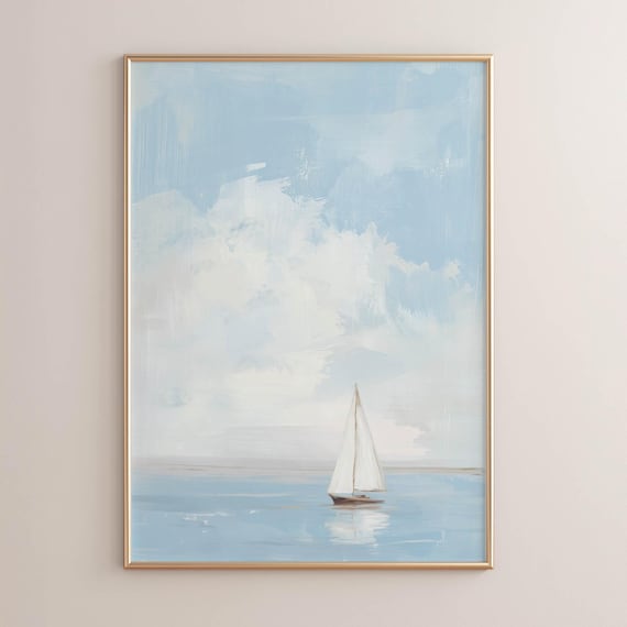 White Sailboat on Calm Blue Water Cloudy Sky Serene Sailing Poster