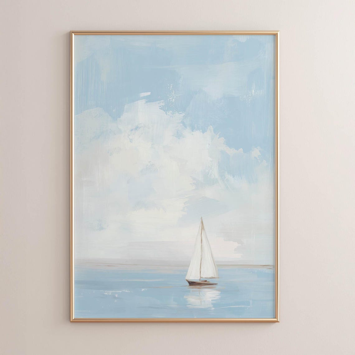 White Sailboat on Calm Blue Water Cloudy Sky Serene Sailing Poster