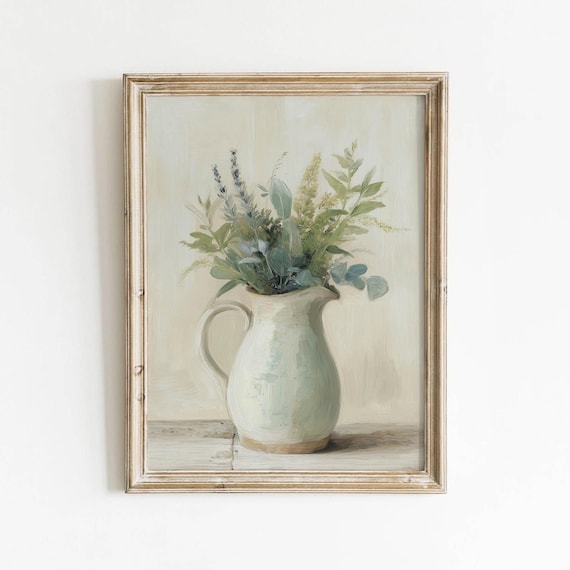 Neutral Ceramic Pitcher Printable Muted Green Wall Art Cottagecore Stilllife Decor Rustic Kitchen Soft Beige Download 0375