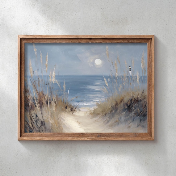 Printed Coastal Beach Path At Moonrise Moody Seascape Wall Art Muted Blue Vintage Landscape Rustic Seaside Decor Poster Print P452