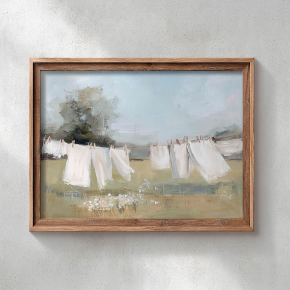 Printed Laundry On Clothesline Rural Cottage Scene Muted Neutral Tones Cottagecore Poster Art Country Meadow Vintage Aesthetic 0606
