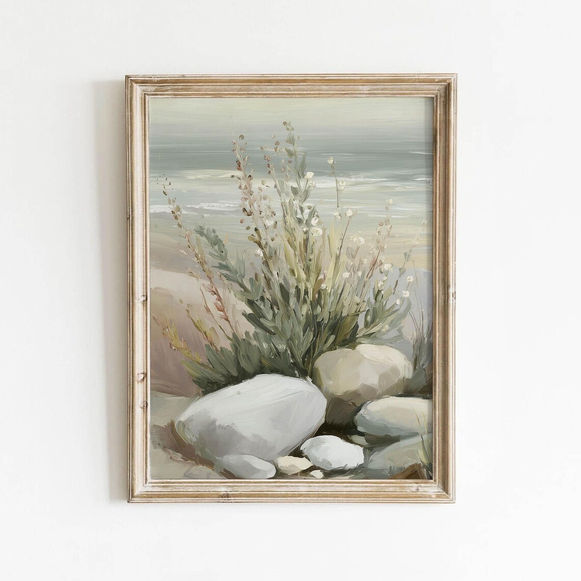 Muted Coastal Wildflowers Among Rocks, Vintage Landscape Poster