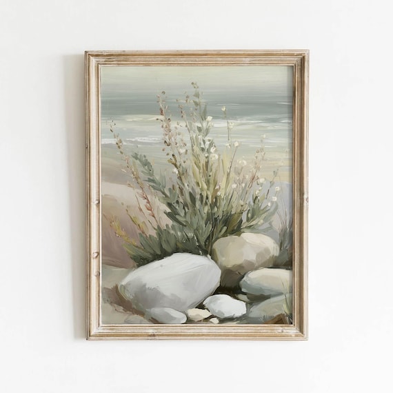 Muted Coastal Wildflowers Among Rocks, Vintage Landscape Poster