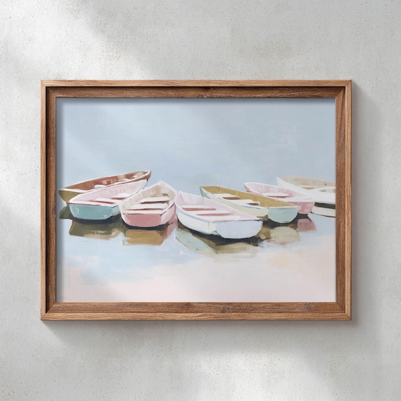 Printed Pastel Rowboats Coastal Painting Art Print