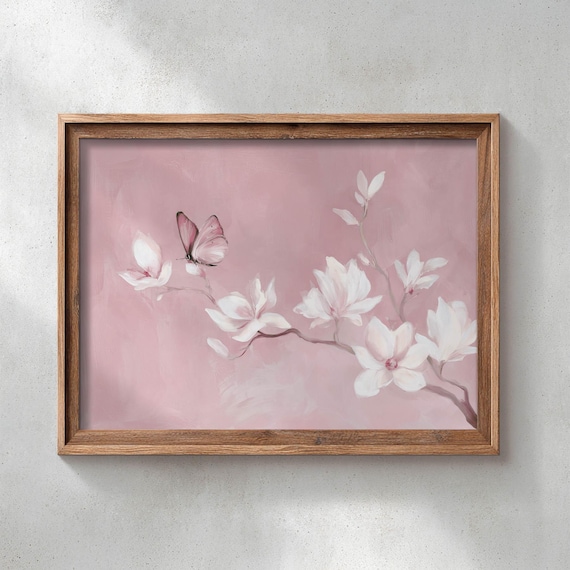 Magnolia Branch with Pink Butterfly Romantic Blush Floral Art Poster