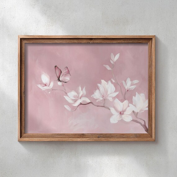 Printed Magnolia Branch With Pink Butterfly Romantic Floral Wall Art Soft Blush Botanical Decor Vintage Cottage Print 0667