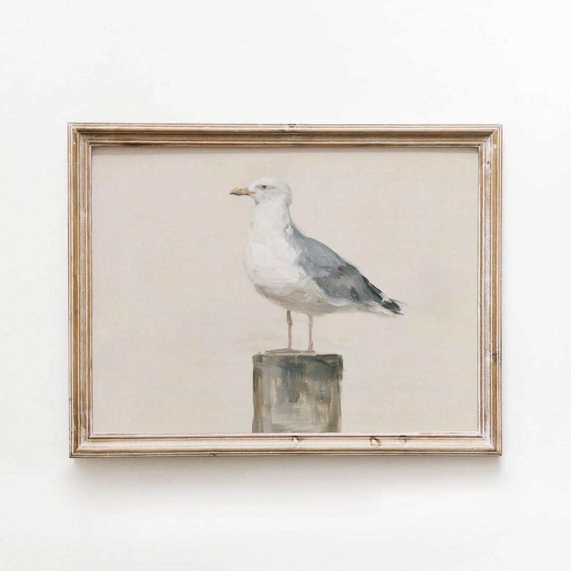 Seagull Standing on Weathered Dock Post Watercolor Coastal Bird Poster