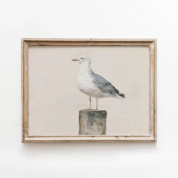 Seagull On Weathered Dock Post Coastal Watercolor Painting Muted Neutral Wall Art Vintage Seaside Decor Printable Digital Download 722