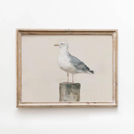 Seagull Standing on Weathered Dock Post Watercolor Coastal Bird Poster