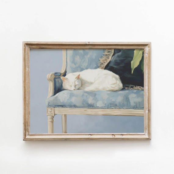 Cozy Cat On Blue Bench Printable Soft Wall Art Feline Decor Retro Pastel Painting Spring Summer Cute Artwork Digital Download 0170