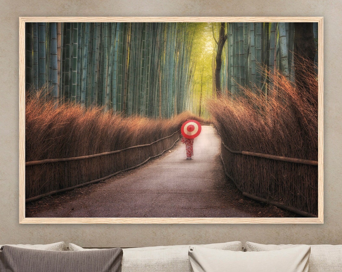 Kyoto Arashiyama Bamboo Forest Path Red Umbrella Japan Travel Poster