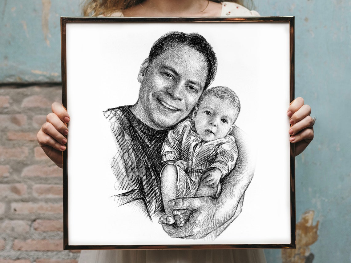 Smiling Dad Holding Baby Looking at Viewer Pencil Sketch Poster
