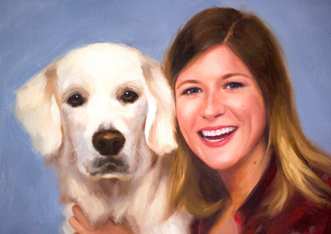 Woman with Golden Retriever Custom Oil Painting Pet Portrait Poster