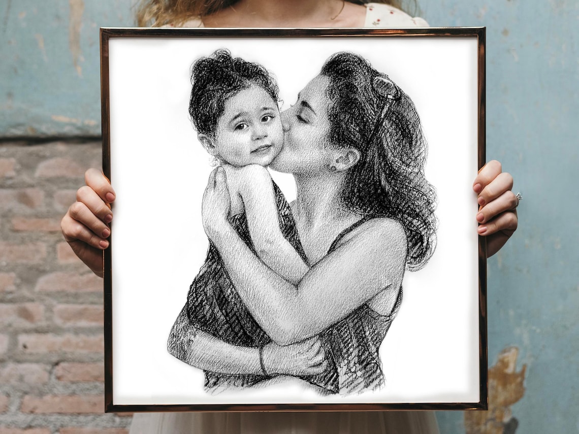 Mother Kissing Daughter Custom Pencil Portrait Sketch Art Print