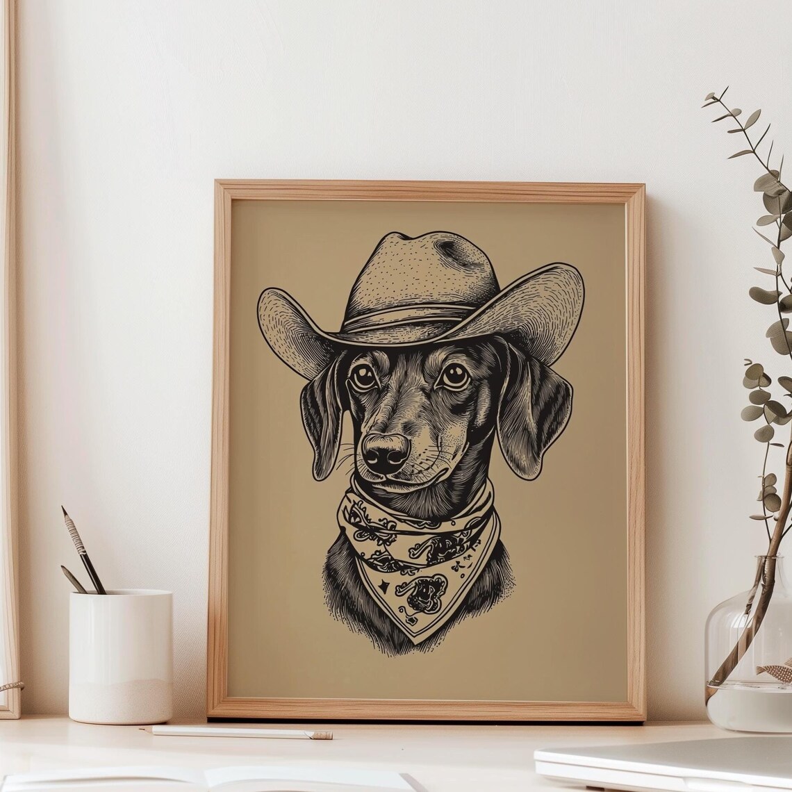 Cowboy Dachshund Vintage Engraving Western Dog Portrait Wall Art