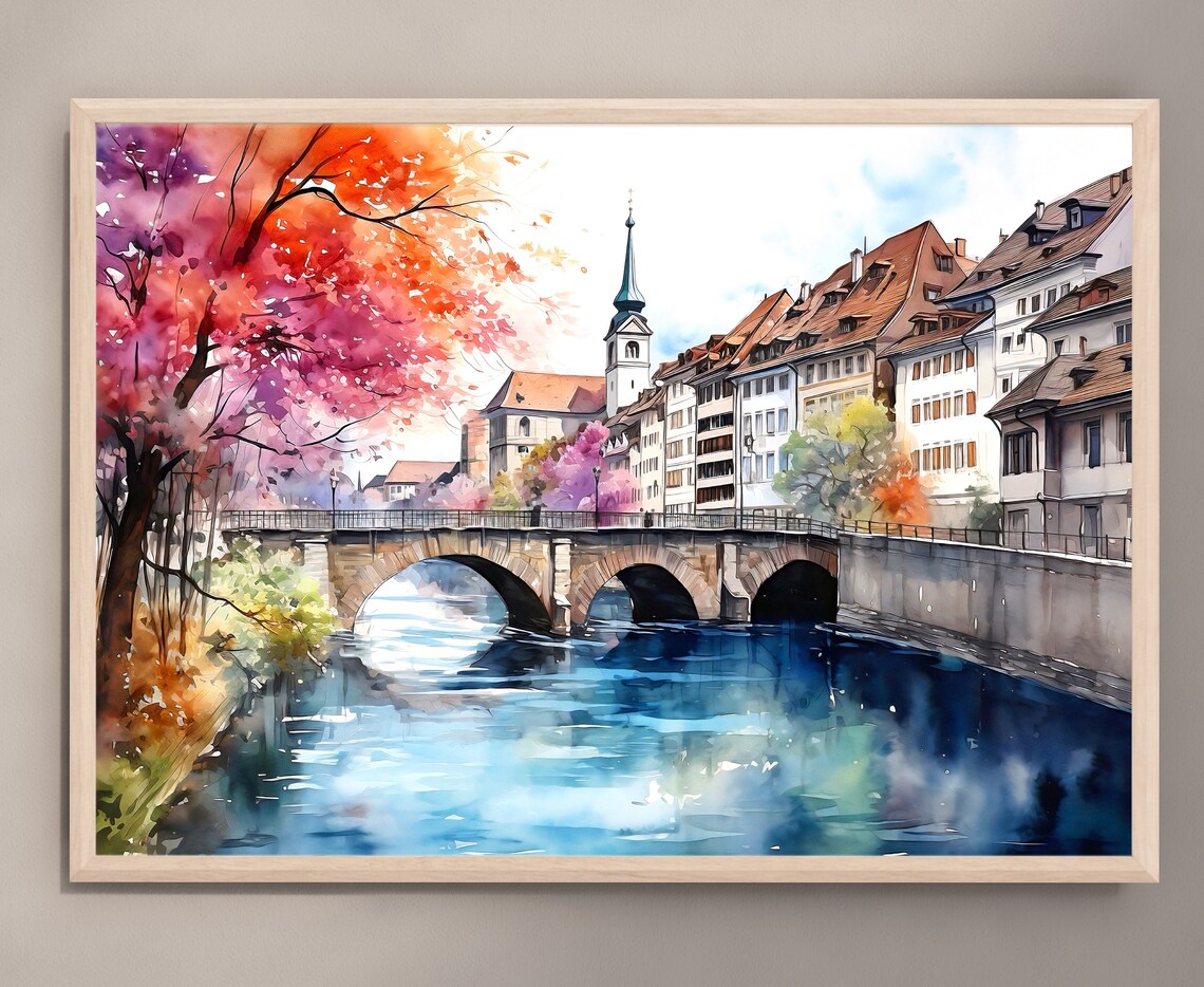 Bern Switzerland Watercolor Cityscape Art Print
