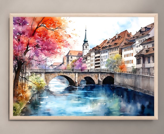 Bern Switzerland Watercolor Cityscape Art Print