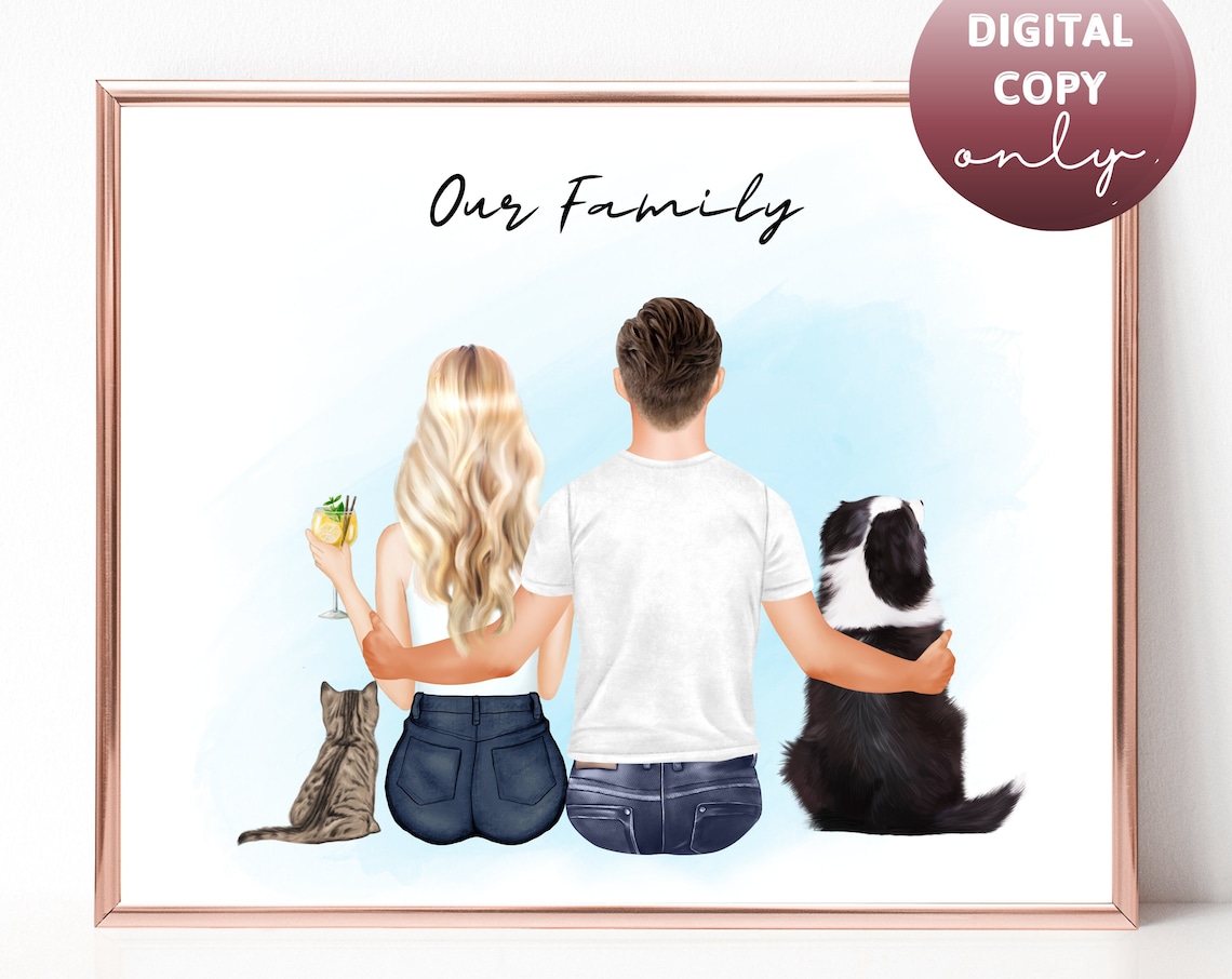 Our Family Couple with Cat and Dog Custom Pet Portrait Poster