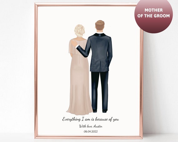 Groom and Mother of the Groom Navy Suit Champagne Gown Wedding Portrait Print