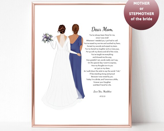 Bride And Mother Dear Mom Blue Dress Wedding Poem Gift Poster