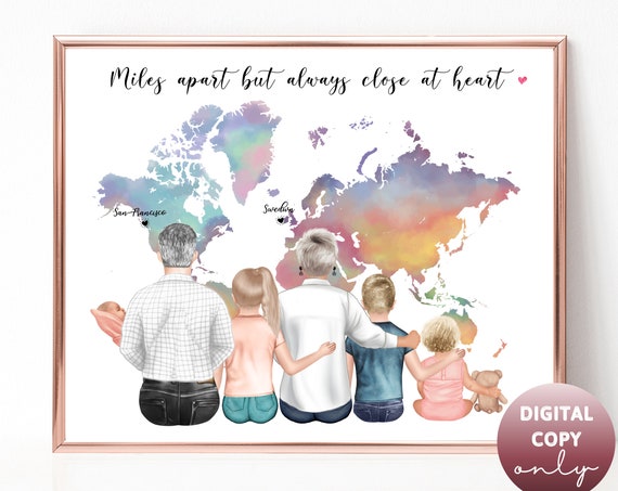 Miles Apart But Always Close at Heart World Map Grandparents Poster Gift Art