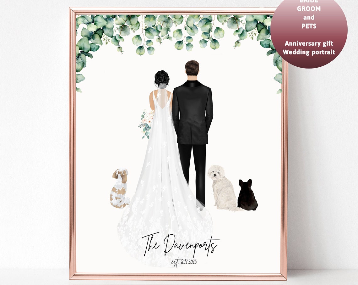 Bride Groom and Three Dogs Custom Wedding Portrait Gift Poster