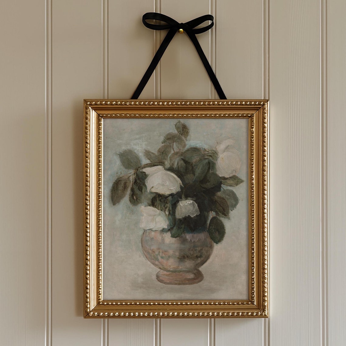 Neutral Still Life Roses Painting Vintage Flower Still Life Painting French Cottage Neutral Farmhouse Decor Art