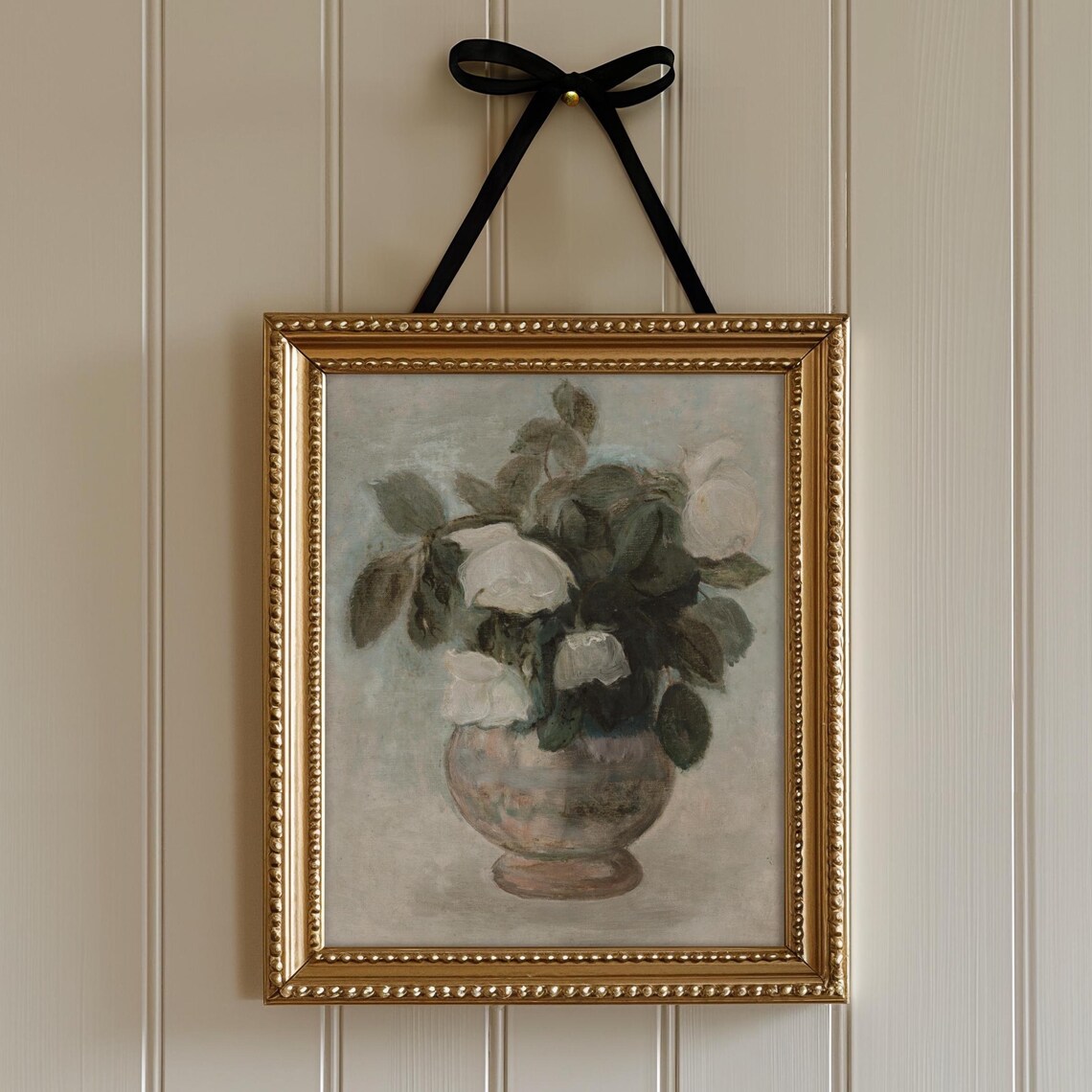 Neutral White Roses in Vase Vintage Floral Still Life Painting Print