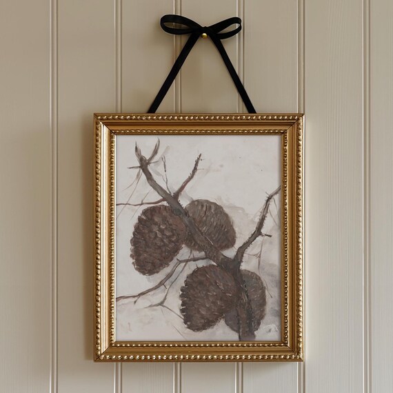 Vintage Pine Cones Branch Watercolor Neutral Winter Botanical Art Print