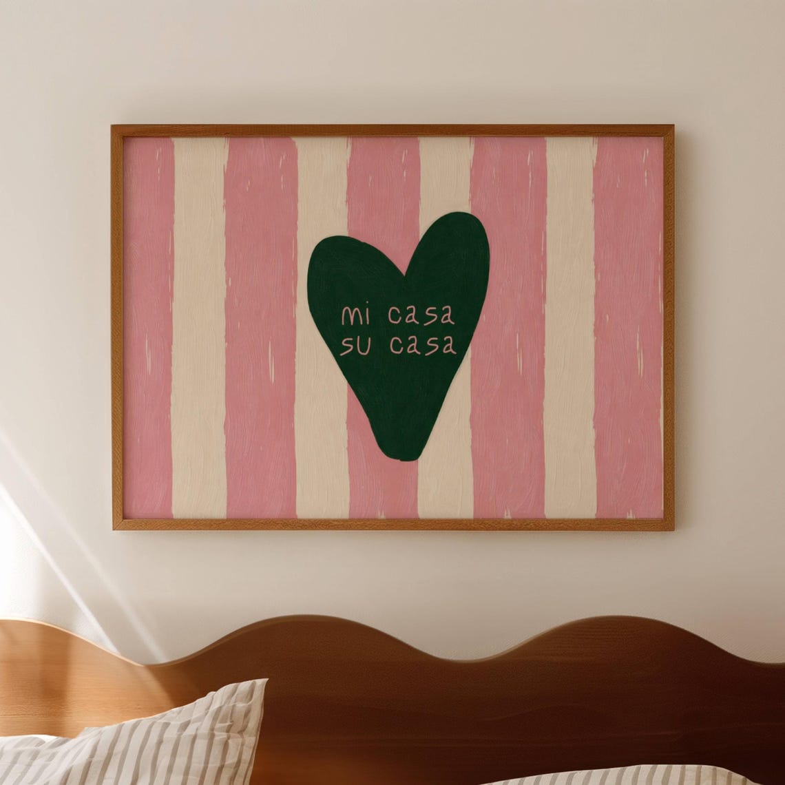 Mi Casa Su Casa Green Heart Pink Stripe Spanish Welcome Poster