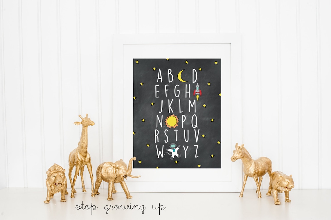 Outer Space Alphabet Nursery Print, Chalkboard Style