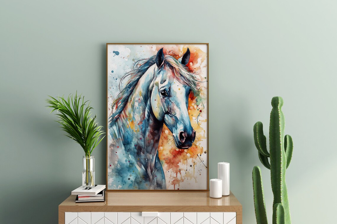 Blue Horse Watercolor Portrait Colorful Equine Animal Art Poster - Image 3