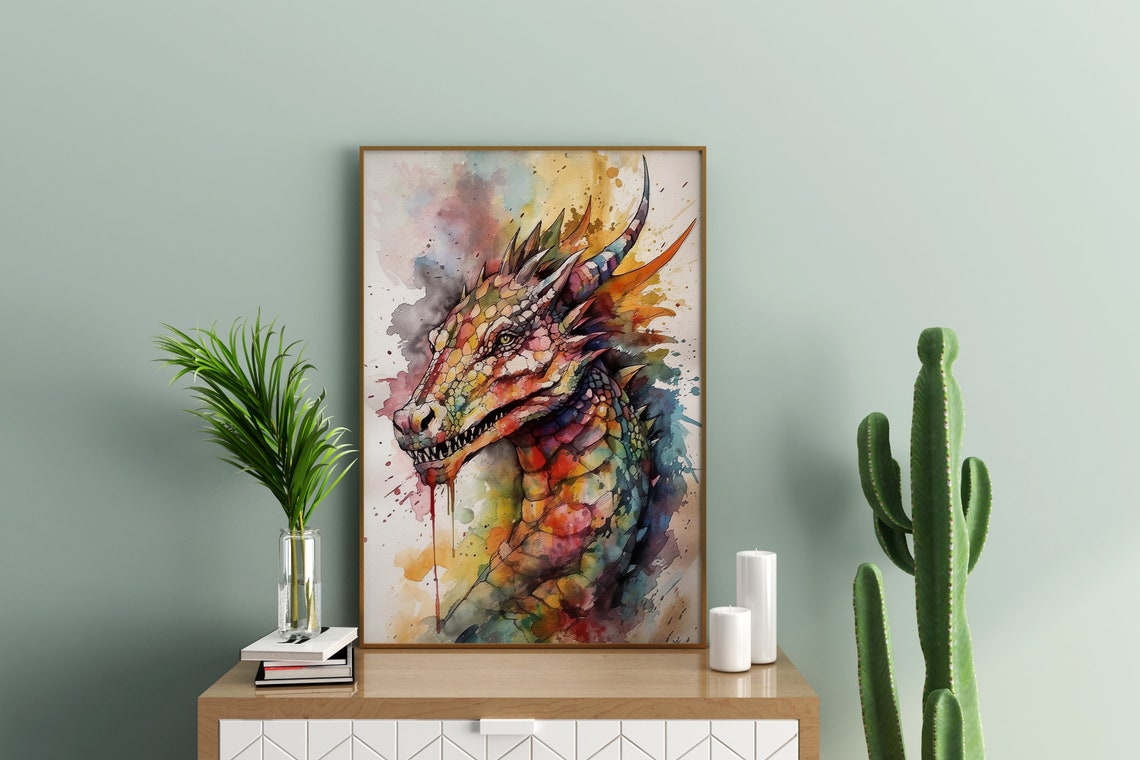 Dragon Watercolor Portrait Fantasy Creature Rainbow Art Poster - Image 3