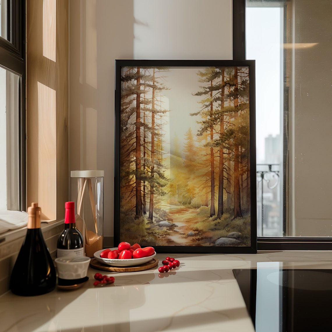Golden Sunrise Pine Forest Warm Light Watercolor Woodland Poster - Image 4