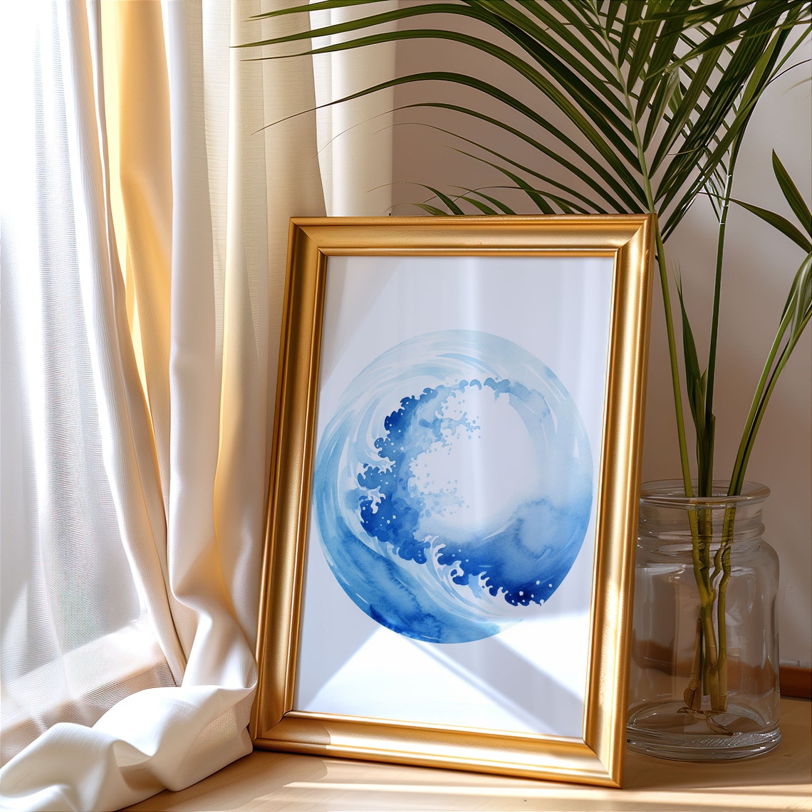 Blue Ocean Wave Circle Watercolor Minimalist Surf Decor Poster - Image 3
