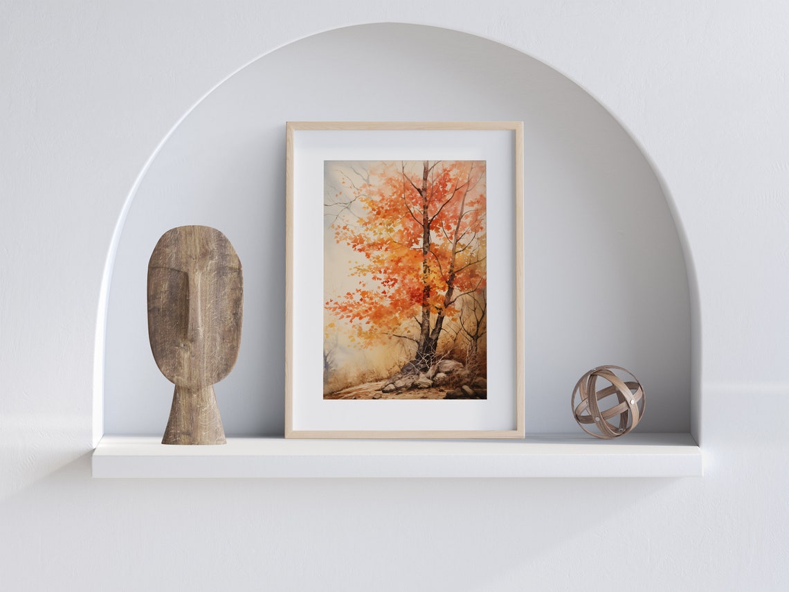Single Orange Autumn Tree Fall Foliage Watercolor Painting Poster - Image 4