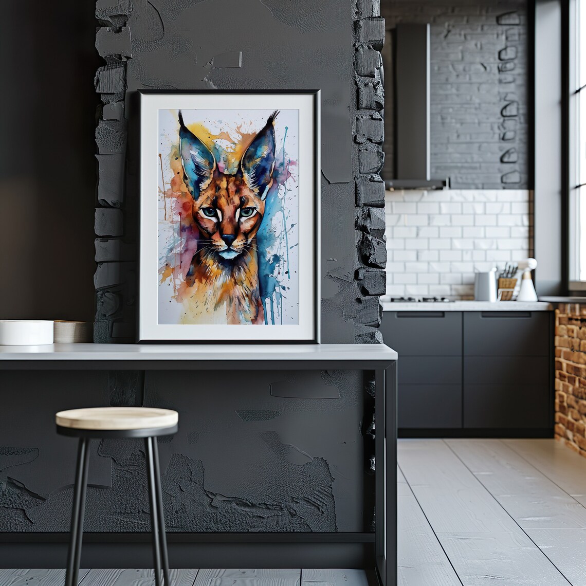 Caracal Wild Cat Watercolor Portrait Vibrant Splash Art Poster - Image 3