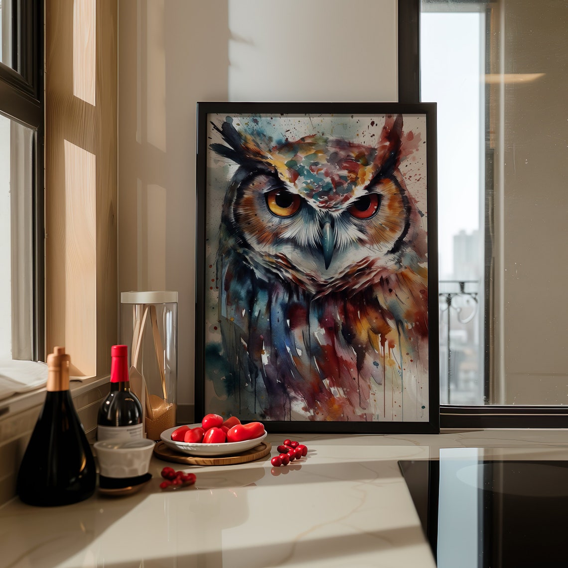 Fierce Owl Splash Watercolor Portrait Vibrant Wildlife Art Poster - Image 3