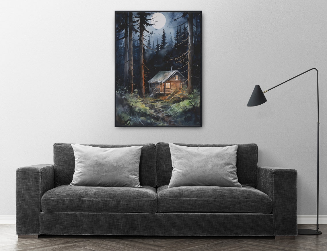 Moonlit Log Cabin Pine Forest Night Watercolor Rustic Cozy Poster - Image 5