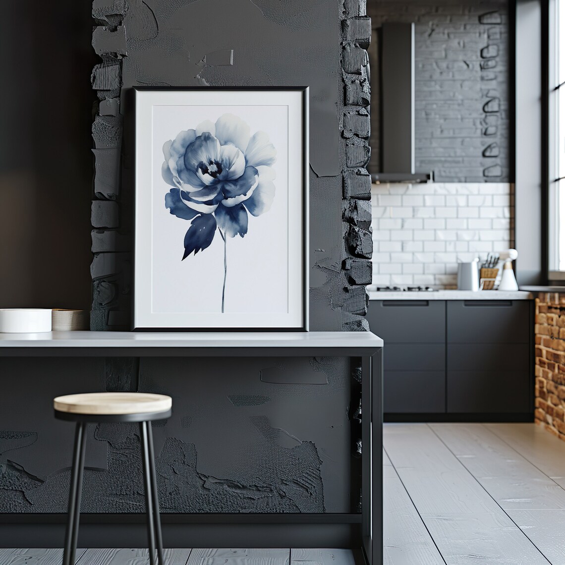 Dusty Blue Peony Watercolor Large Blossom Minimalist Floral Art Poster - Image 4